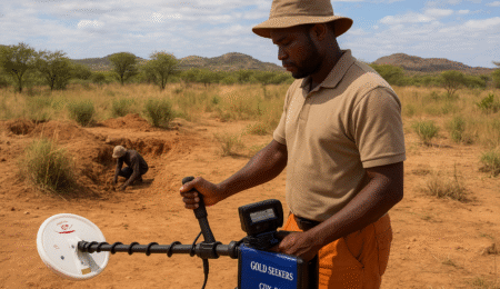 A Nigerian gold prospector using the GDX-8000 metal detector in a rural mining field with another miner digging in the background