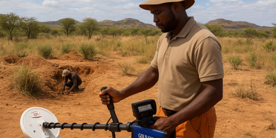 A Nigerian gold prospector using the GDX-8000 metal detector in a rural mining field with another miner digging in the background