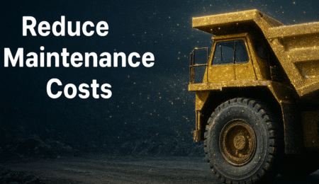 Sparkling yellow mining dump truck in a rugged mine site representing nano-coating protection and reduced maintenance costs