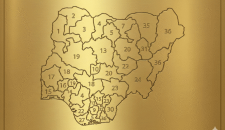 A premium gold-textured embossed map of Nigeria showing all 36 states, designed for a state-by-state guide to Nigerian gold deposits and mining opportunities.