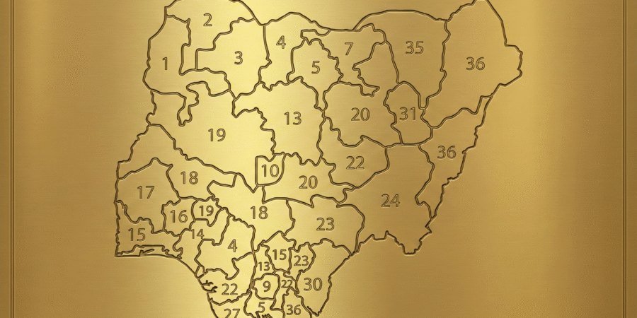 A premium gold-textured embossed map of Nigeria showing all 36 states, designed for a state-by-state guide to Nigerian gold deposits and mining opportunities.