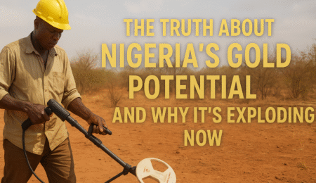 A digital banner showing a Nigerian gold prospector with metal detector, highlighting the growing gold mining potential in Nigeria.