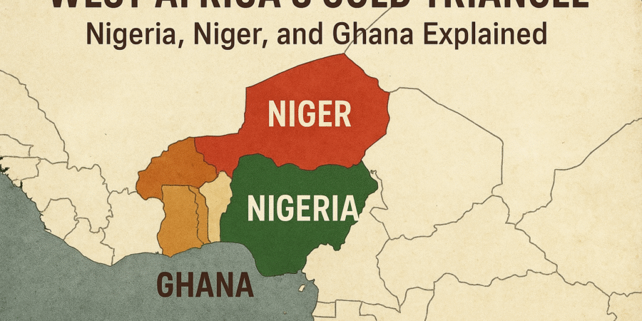 Map showing the West African Gold Triangle highlighting Nigeria, Niger, and Ghana in distinct colors on a textured background.