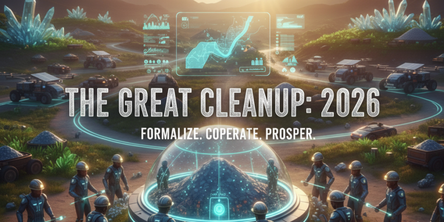 A 3D cinematic landscape showing organized miners, futuristic monitoring technology, and sparkling minerals representing the formalization of the Nigerian mining sector in 2026.