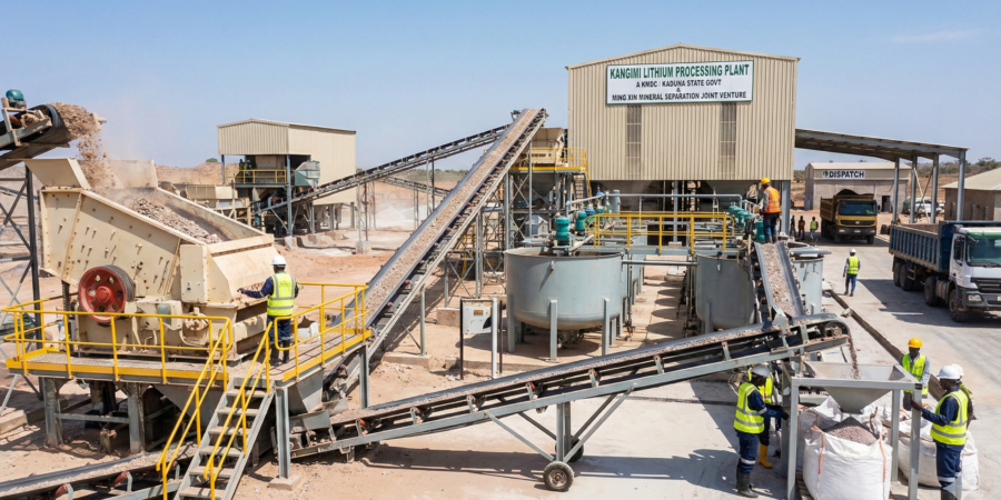 Moving Mountains, Literally: Operations underway at the Kangimi Lithium Processing Plant, a symbol of KMDC's shift from raw exports to industrial value addition. Wide-angle view of the Kangimi Lithium Processing Plant in Kaduna, showing conveyor belts, crushing machinery, filtration tanks, and workers in safety gear processing mineral ore.