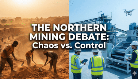 Split-screen illustration showing artisanal miners digging in dust on the left versus a modern mineral processing plant with drones and engineers on the right, symbolizing the transition from informal mining to regulated industry in Nigeria.