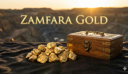 A pile of gleaming Zamfara gold nuggets and an antique wooden royal chest with the golden text "ZAMFARA GOLD" overlaid, set against a blurred mining landscape at sunset, showing the State's mind-blowing gold wealth.