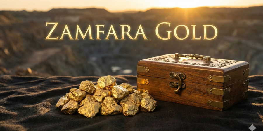 Golden treasures from Zamfara: A pile of raw nuggets and an old royal box are shown at a mining site, highlighting the region's rich resources. A pile of gleaming Zamfara gold nuggets and an antique wooden royal chest with the golden text "ZAMFARA GOLD" overlaid, set against a blurred mining landscape at sunset, showing the State's mind-blowing gold wealth.