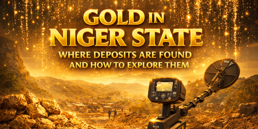 Gold-rich terrain in Niger State highlighting major exploration zones and modern gold prospecting using advanced detection technology. Gold prospecting in Niger State showing gold-rich terrain and a modern gold detector used for exploring deposits in Mariga and Shiroro areas