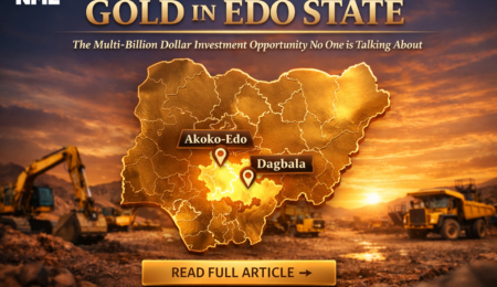 A map of Nigeria highlighting gold deposits in Edo State with labels for Akoko-Edo and Dagbala, set against a background of industrial mining excavators at sunset.