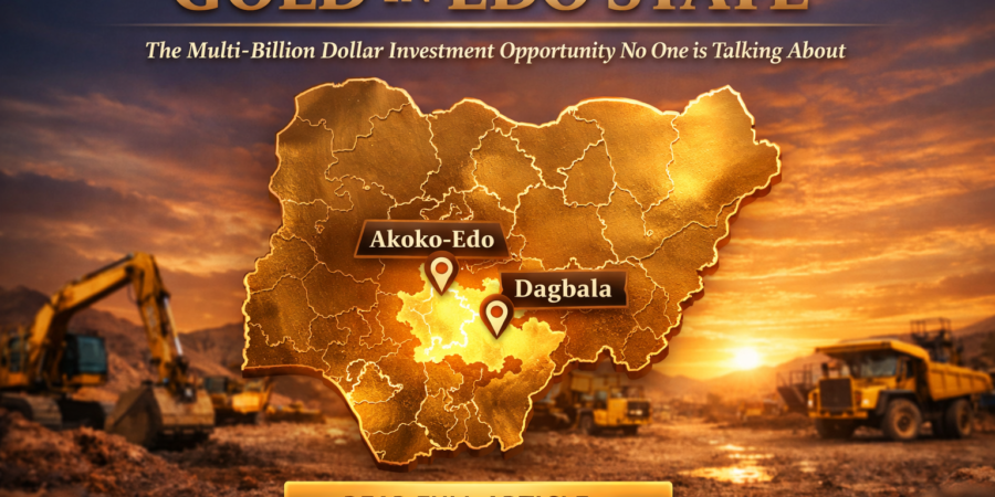 A map of Nigeria highlighting gold deposits in Edo State with labels for Akoko-Edo and Dagbala, set against a background of industrial mining excavators at sunset.