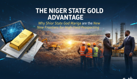 A professional mining banner for Niger State showing industrial excavators at a gold site, a gold bar on top of legal mining documents, and two business professionals shaking hands