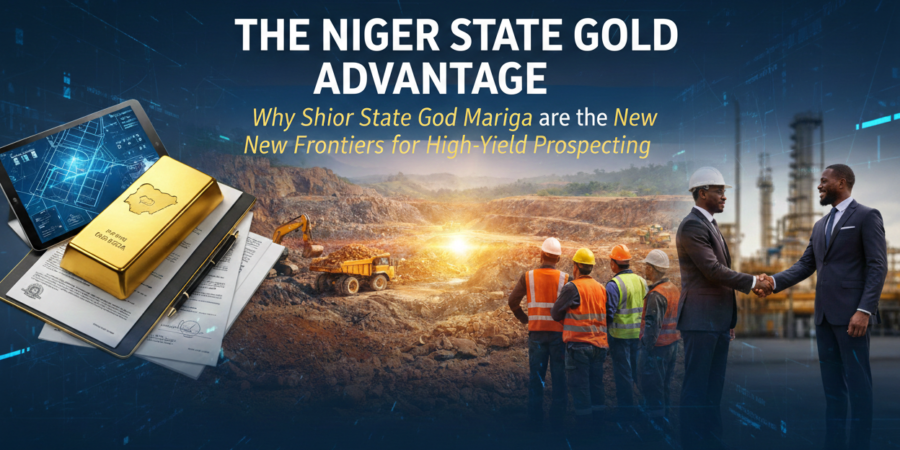 Uncovering high-yield gold deposits in the Shiroro and Mariga districts through the Nigerian Mining Resource Hub. A professional mining banner for Niger State showing industrial excavators at a gold site, a gold bar on top of legal mining documents, and two business professionals shaking hands