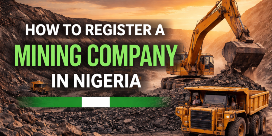 A practical guide to registering a mining company in Nigeria, covering company incorporation, mineral licensing, and regulatory compliance. Open-pit mining site in Nigeria with excavator and dump trucks illustrating the process of registering a mining company in Nigeria.