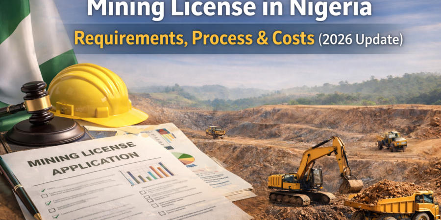 Step-by-step guide to obtaining a mining license in Nigeria under the Nigerian Minerals and Mining Act (2007). Mining license in Nigeria showing application documents and active mining site illustrating requirements, process and costs in 2026