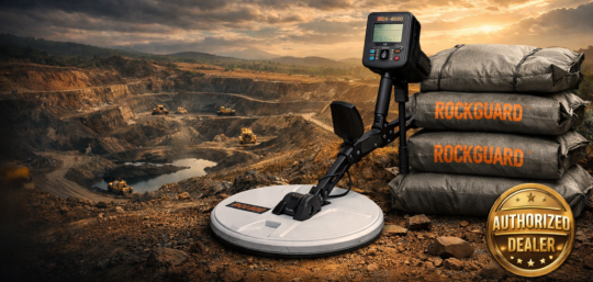 Authorized GDX-8000 gold detector and Rockguard mining sacks at the NME Resource Hub Nigerian mining services center.