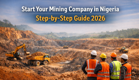 Banner showing Nigerian open-pit mining site with machinery and professionals, promoting how to start a mining company in Nigeria with licensing and consultancy guidance.