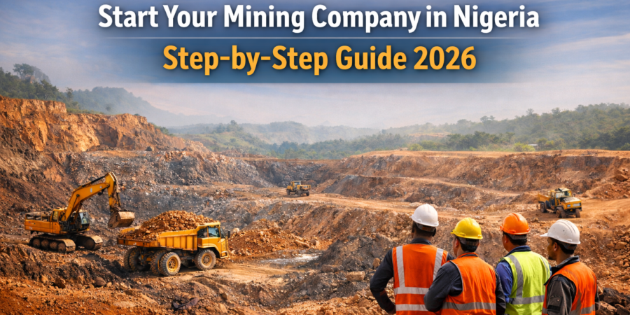 Banner showing Nigerian open-pit mining site with machinery and professionals, promoting how to start a mining company in Nigeria with licensing and consultancy guidance.