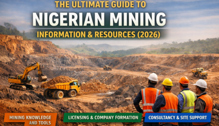 Landscape banner showing an open-pit mining site in Nigeria with workers and equipment, promoting Nigerian mining information, licensing support, company formation, and consultancy services in 2026.
