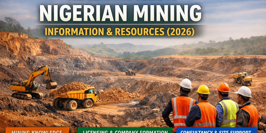 Landscape banner showing an open-pit mining site in Nigeria with workers and equipment, promoting Nigerian mining information, licensing support, company formation, and consultancy services in 2026.