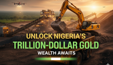 Industrial gold mining excavator and truck in Nigeria with text: Unlock Nigeria's Trillion-Dollar Gold Wealth Awaits.