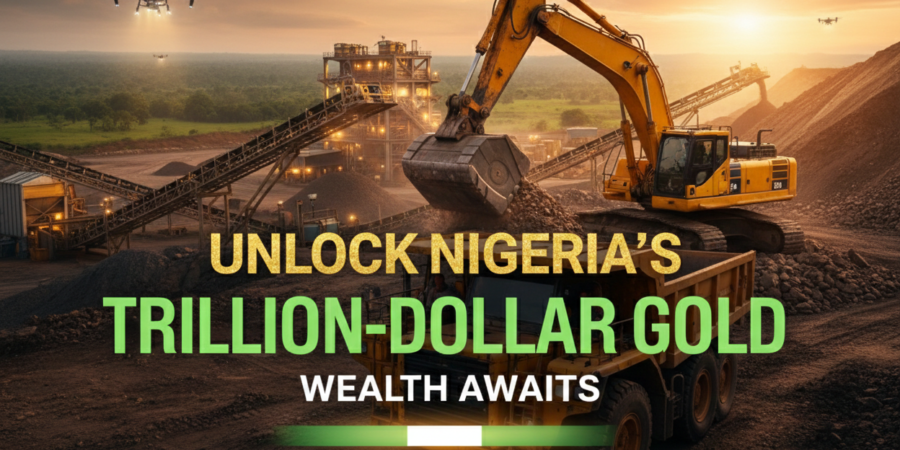 Industrial gold mining excavator and truck in Nigeria with text: Unlock Nigeria's Trillion-Dollar Gold Wealth Awaits.