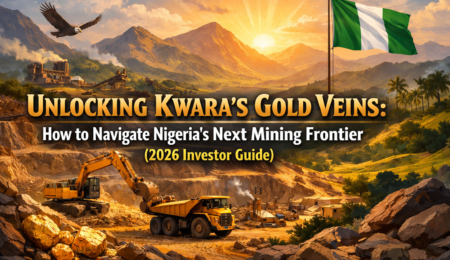 Illustration of gold mining operations in Kwara State, Nigeria, showing excavators, haul trucks, and gold deposits representing investment opportunities in Nigeria’s emerging Kwara's gold mining frontier.