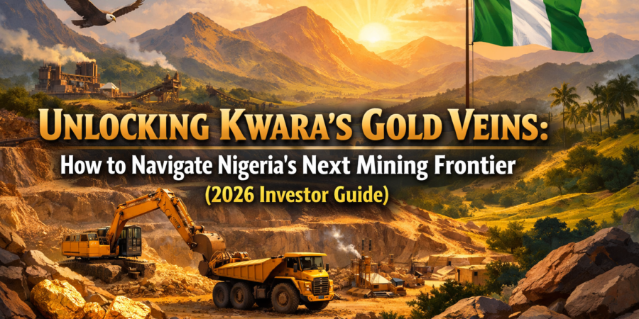 Illustration of gold mining operations in Kwara State, Nigeria, showing excavators, haul trucks, and gold deposits representing investment opportunities in Nigeria’s emerging Kwara's gold mining frontier.