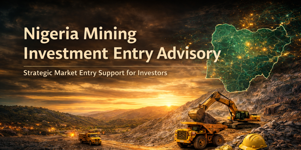 Nigeria mining investment entry advisory banner showing open-pit mining operations, equipment, and a digital map of Nigeria highlighting mineral investment opportunities