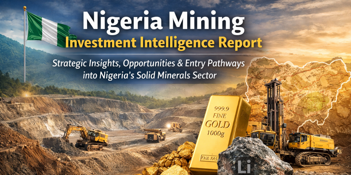 Nigeria mining investment intelligence report banner featuring open-pit mining operations, mineral resources, and a map of Nigeria highlighting investment opportunities