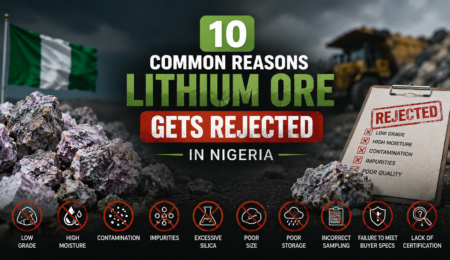 Professional lithium mining banner showing rejected lithium ore, quality control checklist, mining equipment, and Nigerian mining environment