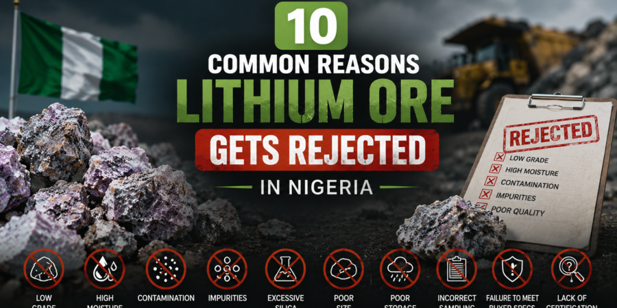 Poor lithium ore quality, contamination, excess moisture, and improper sampling are among the major reasons lithium shipments get rejected by buyers in Nigeria. Professional lithium mining banner showing rejected lithium ore, quality control checklist, mining equipment, and Nigerian mining environment