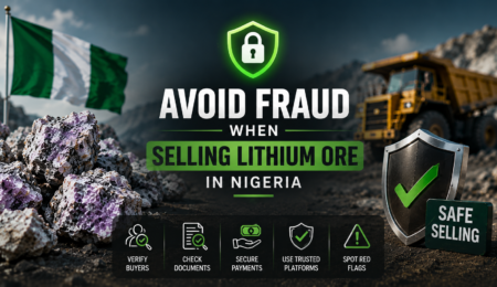 Professional mining banner showing lithium ore, security shield, and safe lithium trading concepts in Nigeria
