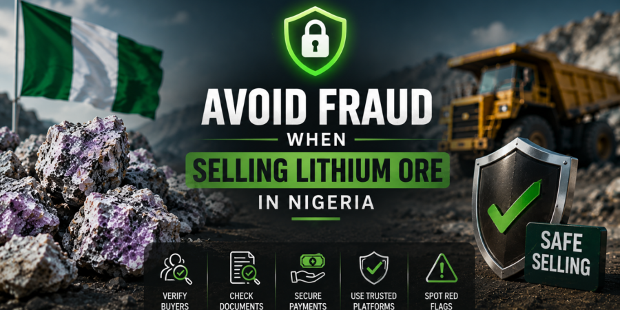 Fraud prevention is becoming critical in Nigeria’s lithium market as miners and suppliers face increasing risks from fake buyers, payment scams, and dishonest middlemen. Professional mining banner showing lithium ore, security shield, and safe lithium trading concepts in Nigeria