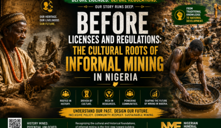 Premium editorial banner showing traditional Nigerian mining culture, artisanal miners, and historical mining communities in Nigeria.