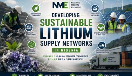Professional sustainability-focused lithium industry banner showing responsible mining, traceable supply chains, logistics infrastructure, renewable energy, and community development in Nigeria