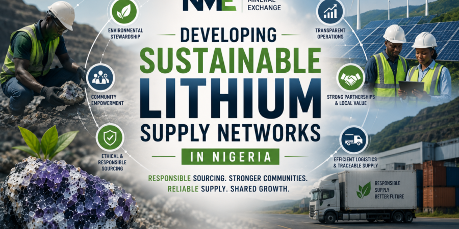 Professional sustainability-focused lithium industry banner showing responsible mining, traceable supply chains, logistics infrastructure, renewable energy, and community development in Nigeria
