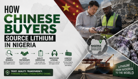 Chinese buyers play a major role in Nigeria’s growing lithium industry through local partnerships, ore verification, logistics coordination, and export-driven supply chain operations. Professional lithium trade banner showing Chinese buyers inspecting lithium ore in Nigeria alongside mining, export logistics, and global supply chain visuals