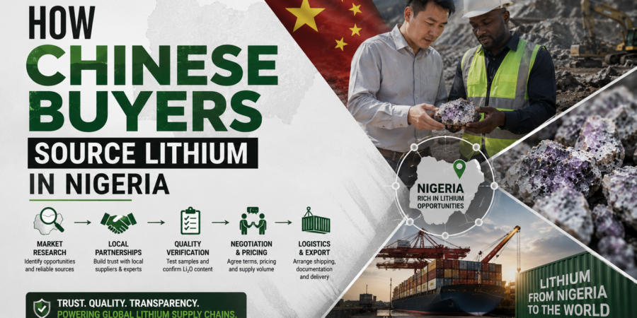 Professional lithium trade banner showing Chinese buyers inspecting lithium ore in Nigeria alongside mining, export logistics, and global supply chain visuals