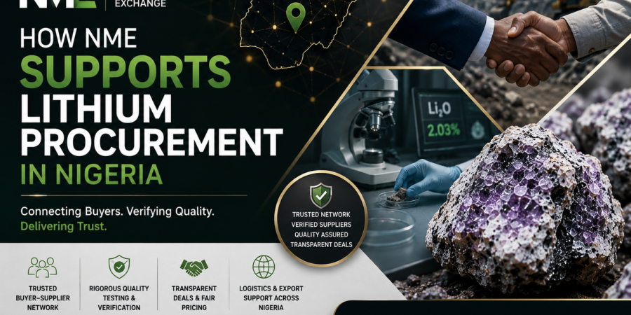 Premium corporate banner showing NME lithium procurement support, supplier verification, laboratory testing, and lithium trade operations in Nigeria
