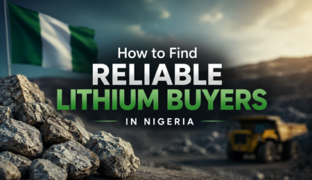 Premium banner showing lithium ore rocks, mining equipment, and the Nigerian flag with overlay text “Reliable Lithium Buyers in Nigeria”