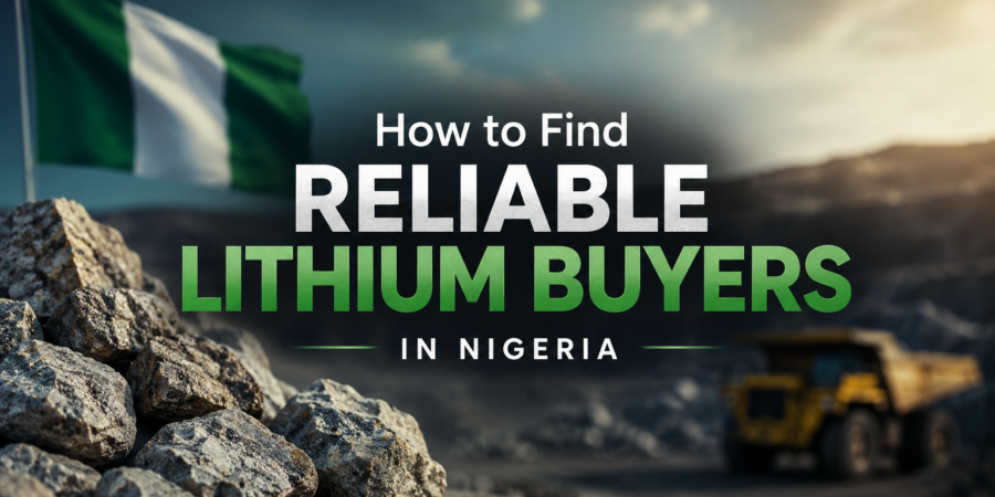 Premium banner showing lithium ore rocks, mining equipment, and the Nigerian flag with overlay text “Reliable Lithium Buyers in Nigeria”