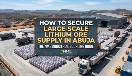 Large-scale lithium ore aggregation hub and warehouse in Abuja featuring mineral transport trucks and bulk sacks of spodumene and lepidolite by Nigerian Mineral Exchange.