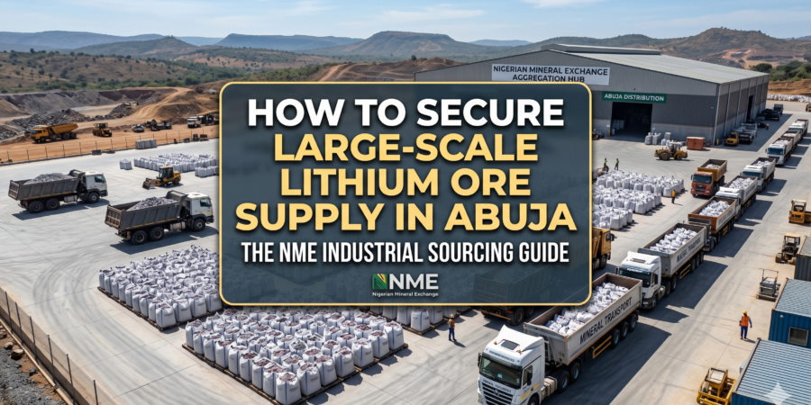 Large-scale lithium ore aggregation hub and warehouse in Abuja featuring mineral transport trucks and bulk sacks of spodumene and lepidolite by Nigerian Mineral Exchange.