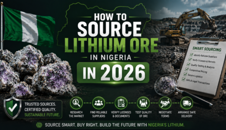 Professional lithium sourcing banner showing lithium ore rocks, mining equipment, supplier verification visuals, and Nigerian lithium trade operations in 2026