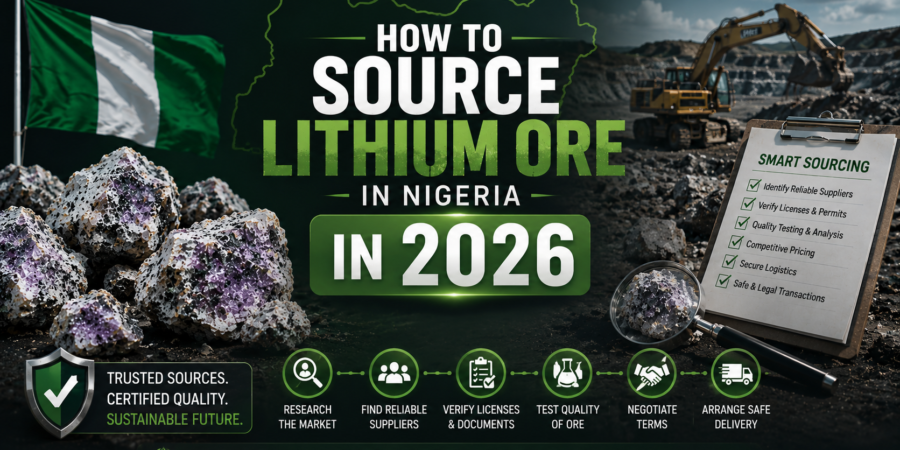 Professional lithium sourcing banner showing lithium ore rocks, mining equipment, supplier verification visuals, and Nigerian lithium trade operations in 2026