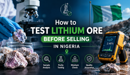 Professional lithium ore testing banner showing laboratory equipment, lithium rock samples, and testing analysis tools in Nigeria