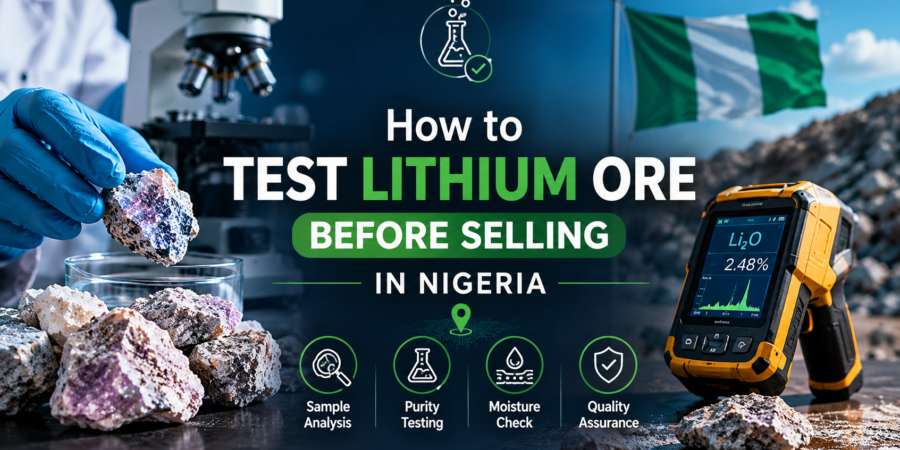 Professional lithium ore testing banner showing laboratory equipment, lithium rock samples, and testing analysis tools in Nigeria