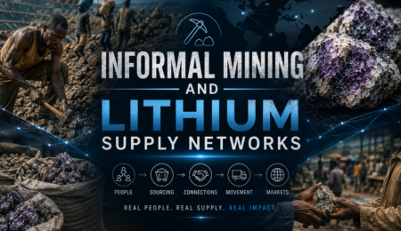 Cinematic banner showing informal miners, lithium ore trading activities, supply chain networks, and lithium aggregation systems in Nigeria