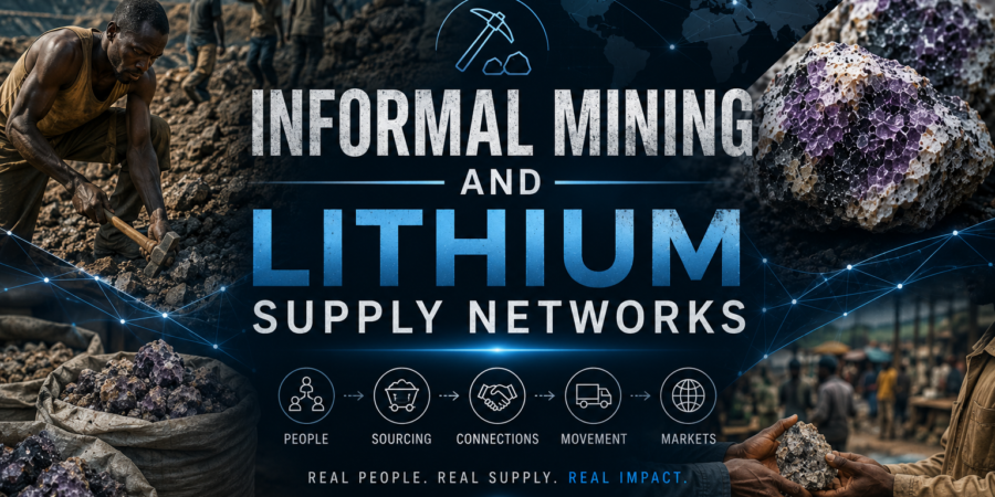 Caption:
Informal miners play a significant role in Nigeria’s lithium supply chain, providing much of the raw material that moves through local traders, aggregators, processors, and export networks. Cinematic banner showing informal miners, lithium ore trading activities, supply chain networks, and lithium aggregation systems in Nigeria